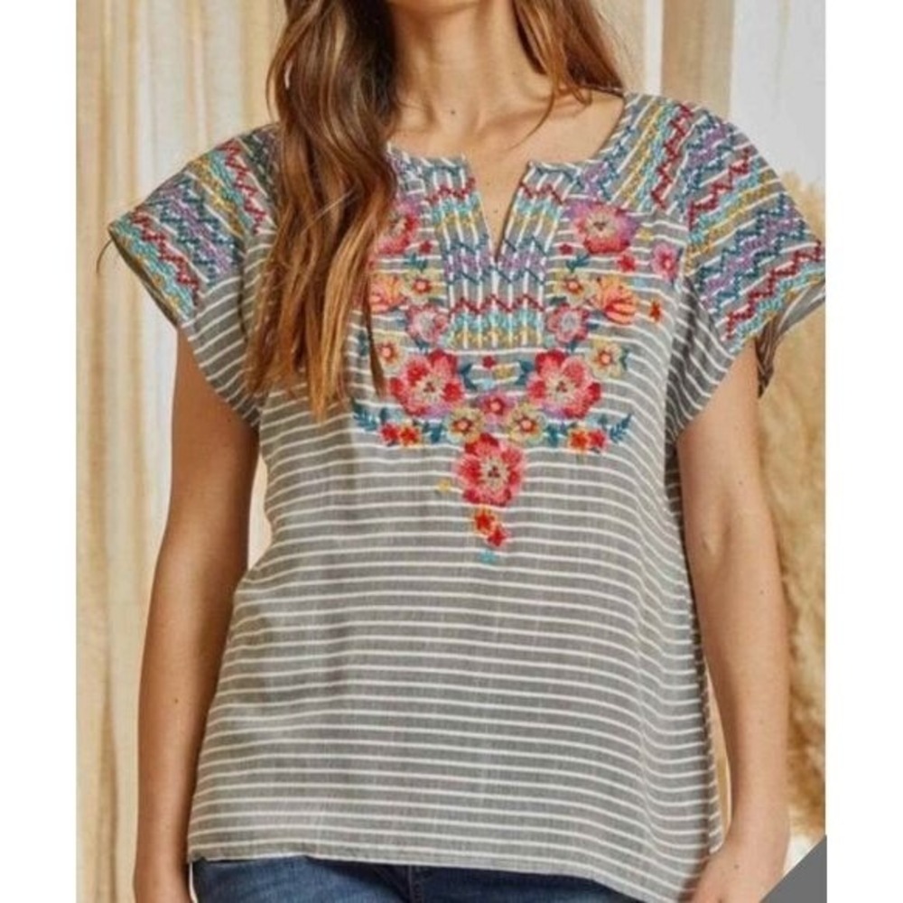 Savanna Jane Blooming Promises Embroidered Blouse Womens S Striped Floral Boho